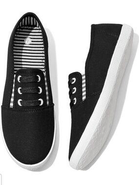 Women's Black Slip-On Canvas Sneakers with Striped Lining